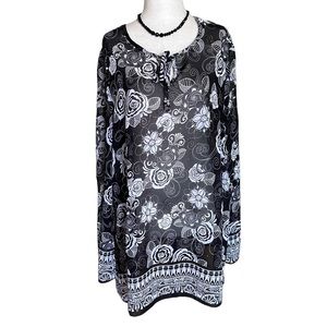 Black & White Glitter Embellished Floral Print Long Sleeve Sheer Tunic T…